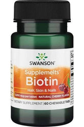 Swanson Biotin Supplemelts 60 Chewable Tabs for hair, skin, and nails with natural cherry flavor, 5000 mcg per tablet.